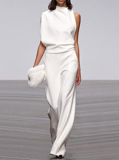 Damen Jumpsuit Weiß, ärmellos, Rundhals, weite Beine, elegantes Sommer-Outfit, Büro-Look.