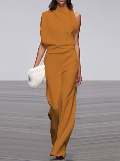 Damen Jumpsuit, ärmellos, Rundhals, weite Beine, elegant, Sommermode, Büro, orange.