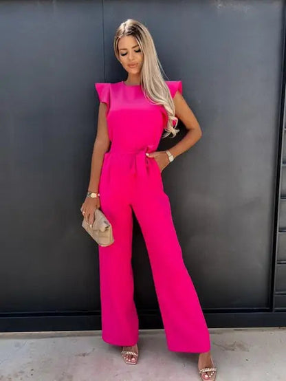 Fuchsia Jumpsuit Damen, Schmetterlingsärmel, Weites Bein, Elegante Streetwear, Sommermode.