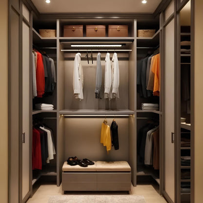 Luxuriöser begehbarer Kleiderschrank mit Anzügen, Hemden und Schuhen, moderne Innenarchitektur.