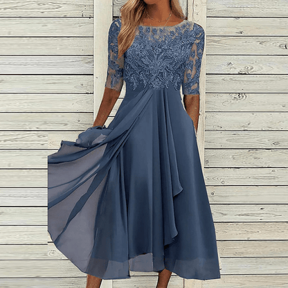Blaues Spitzen-Sommerkleid, elegant, knielang, mit halblangen Ärmeln, Damenmode.