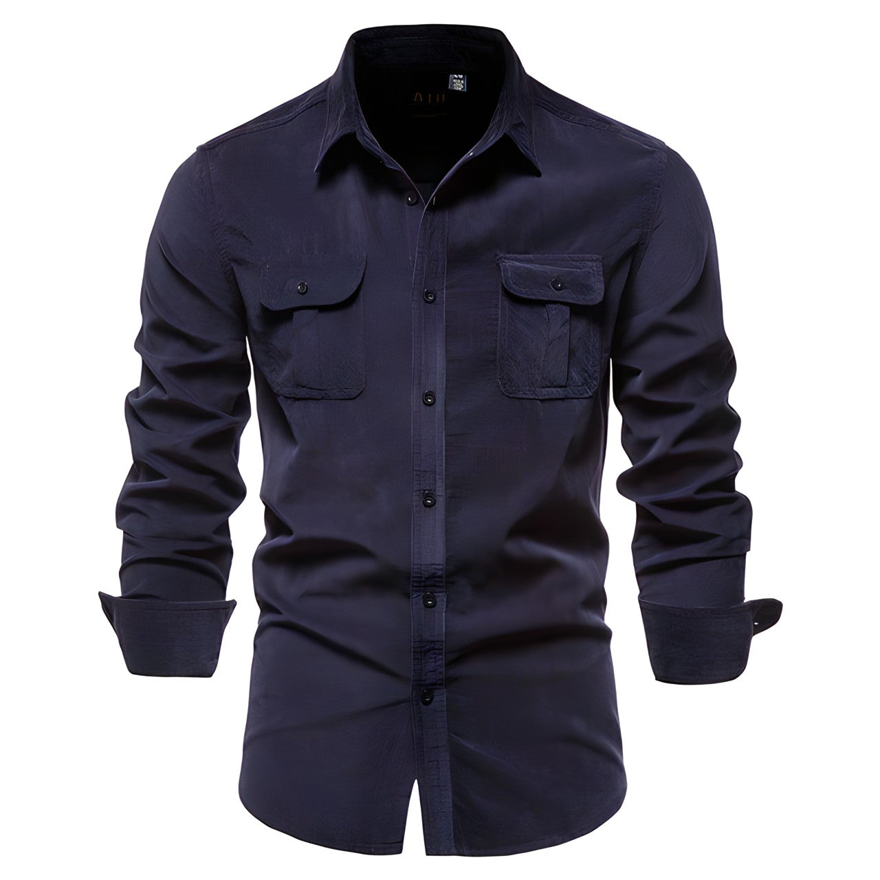 Dunkelblaues Herrenhemd aus Cord, einreihig, 100% Baumwolle, Business Casual.