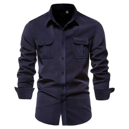 Dunkelblaues Herrenhemd aus Cord, einreihig, 100% Baumwolle, Business Casual.