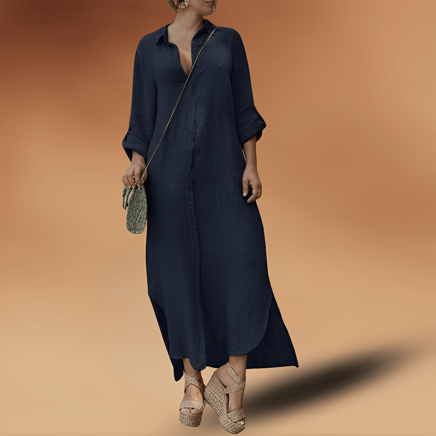 Elegantes langes Leinenkleid in Dunkelblau, Damenmode, Sommerkleid, Knopfleiste, NewBerlin.
