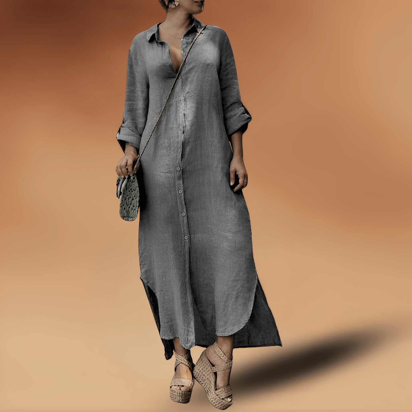 Elegantes langes Leinenkleid in Grau, Damenmode, Knopfleiste, Freizeitkleidung, Sommerkleid.
