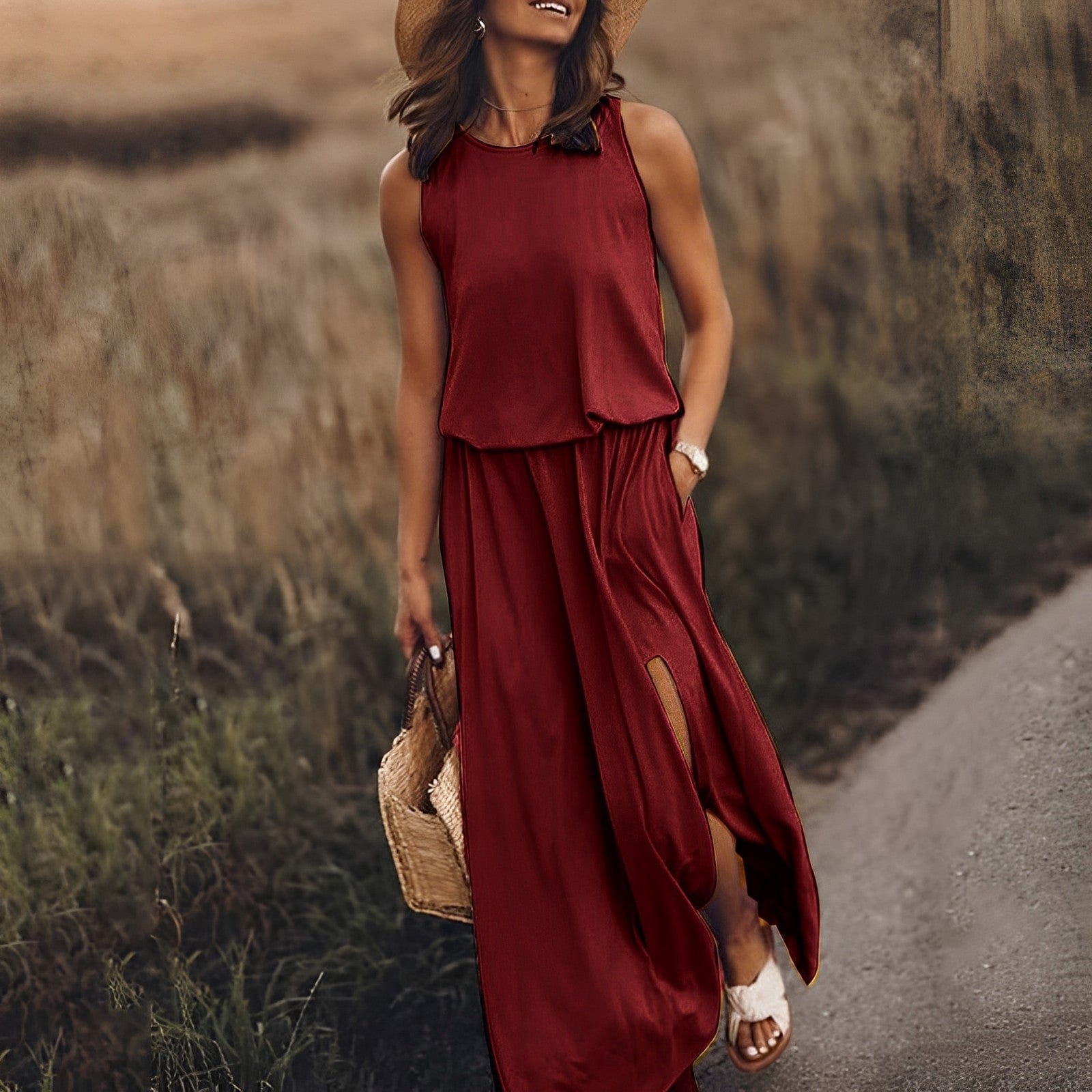 Frau in rotem Maxikleid mit Strohhut und Korbtasche auf einem Feldweg.