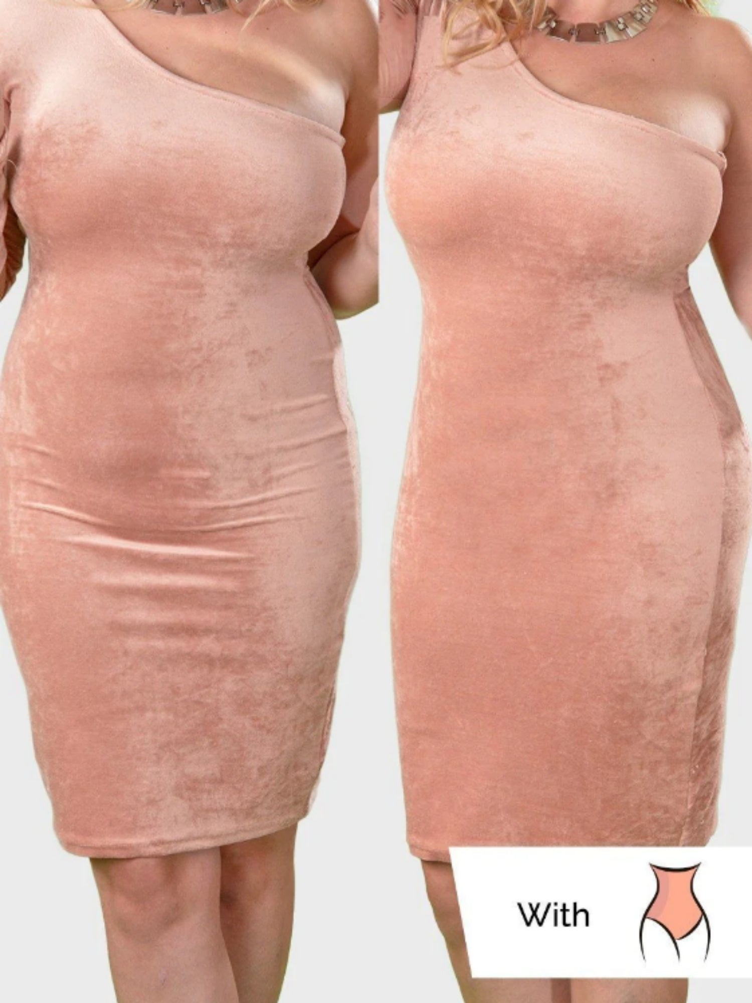 Damen Shapewear Kleid, hautfarben, figurformend, Vorher-Nachher-Vergleich, Plus Size Mode.