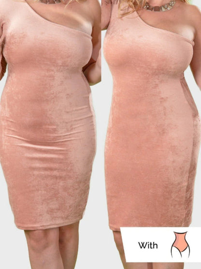 Damen Shapewear Kleid, hautfarben, figurformend, Vorher-Nachher-Vergleich, Plus Size Mode.