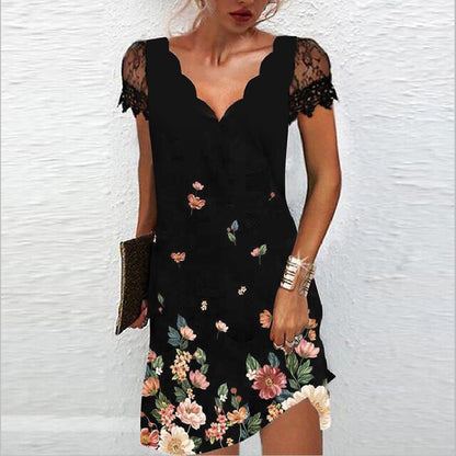 Schwarzes Kleid mit V-Ausschnitt, Spitzenärmeln und Blumenmuster für Damen, elegant, Sommer.