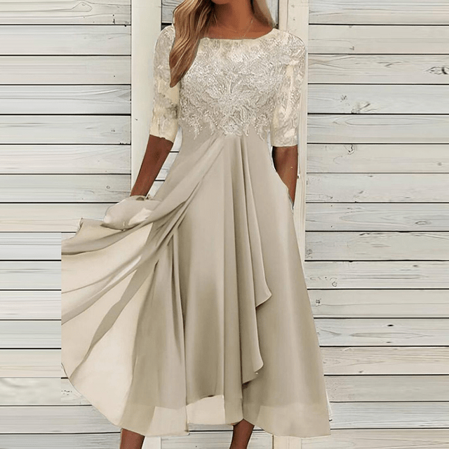Elegantes cremefarbenes Sommerkleid mit Spitze, knielang, Damenmode, schick, einzigartig.