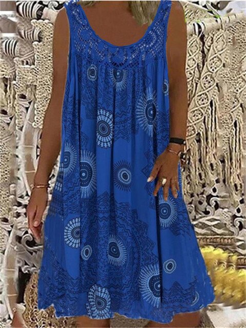 Damen Sommerkleid, blau, ärmellos, geometrischer Druck, Spitze, lässig, Vintage-Stil.