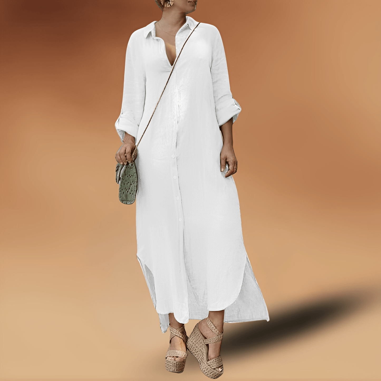 Elegantes langes weißes Leinenkleid für Damen, Sommermode, Knopfleiste, Freizeitkleidung.