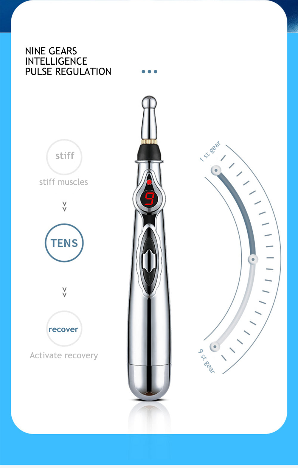 Elektrischer Akupunkturstift, silber, TENS-Therapie, Muskelentspannung, 9 Intensitätsstufen.