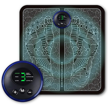 Elektrische EMS-Fußmassagegerät, schwarz, mit Fernbedienung, für Entspannung und Schmerzlinderung.