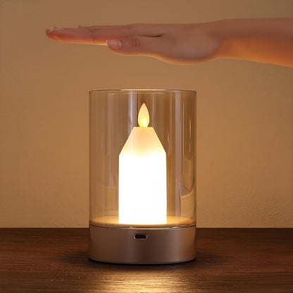 LED-Kerze mit Glaszylinder, dimmbar, warmweißes Licht, Touch-Steuerung, Tischdekoration.