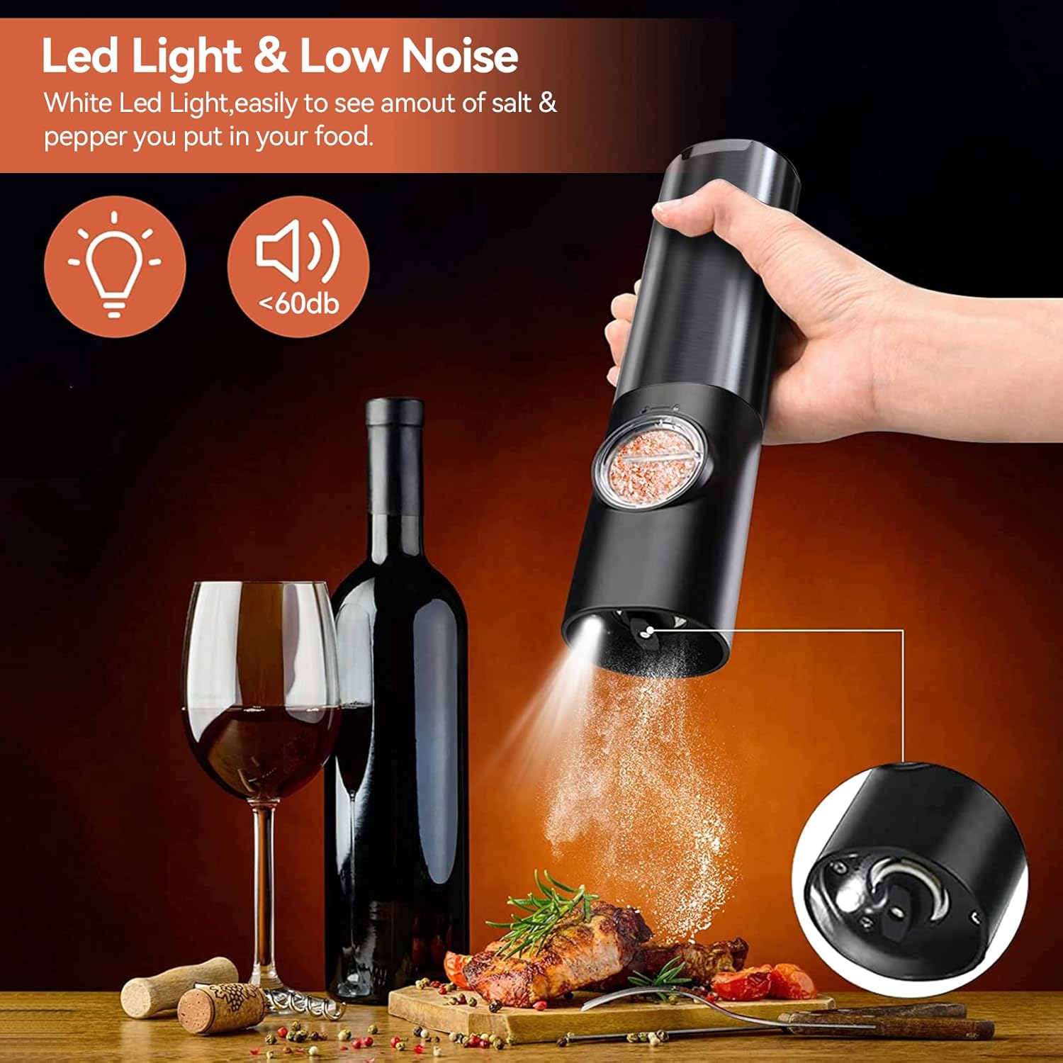 Elektrische Pfeffermühle mit LED-Licht, schwarz, leise, ideal für Küche und Gewürze.