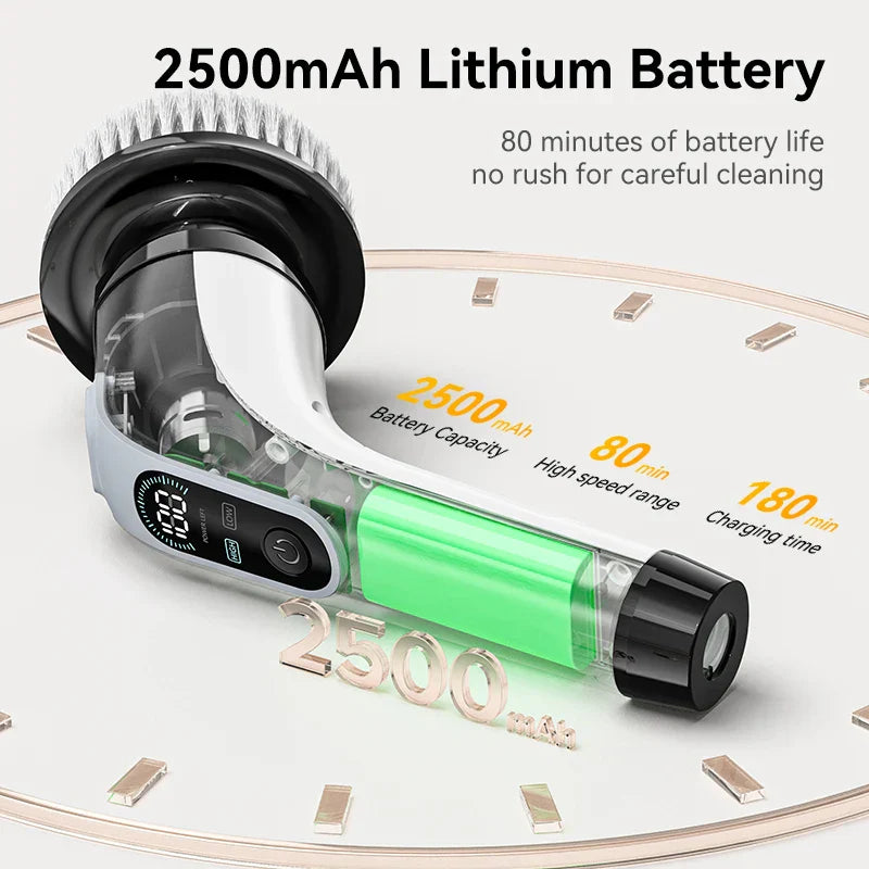 Elektrische Reinigungsbürste mit 2500mAh Lithium-Akku, 80 Min. Laufzeit, schwarz-weiß.