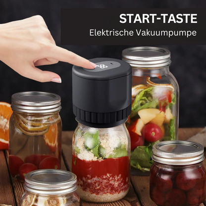 Elektrische Vakuumpumpe für Einmachgläser, schwarz, Lebensmittelkonservierung, Start-Taste.