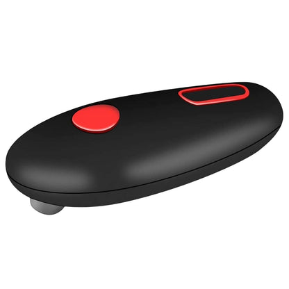Elektrischer Dosenöffner, schwarz, kompakt, mit rotem Knopf, Küchenhelfer, batteriebetrieben.