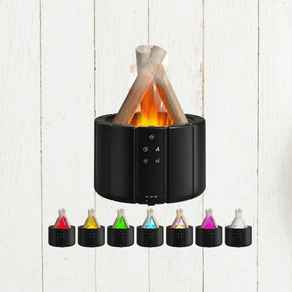 Schwarzer LED-Luftbefeuchter mit Flammeneffekt, wechselbare Farben, modernes Design.