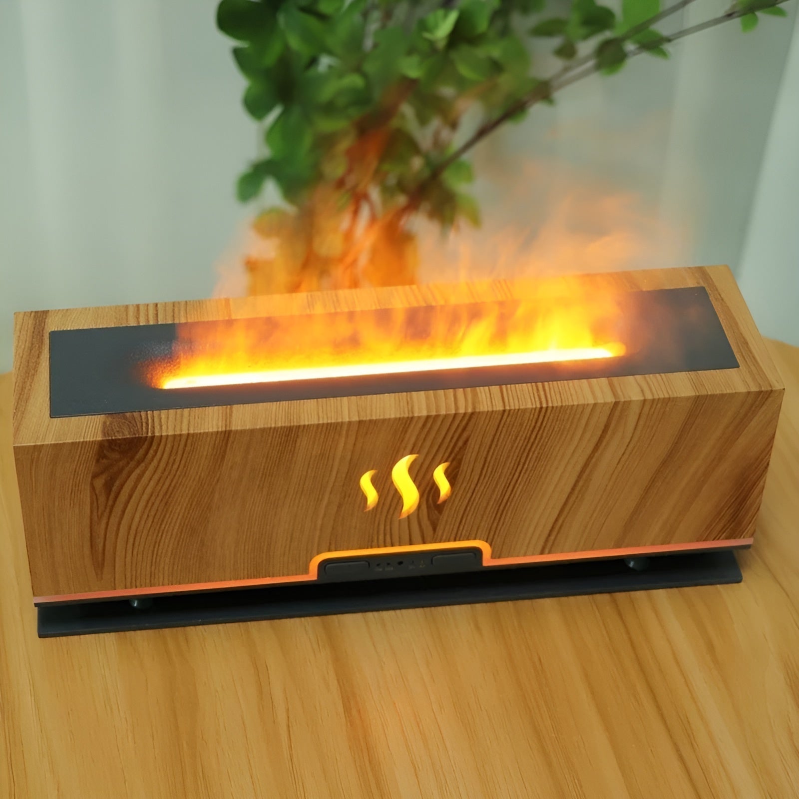 Holzoptik Luftbefeuchter mit LED-Flammen, rechteckig, modern, für Wohnräume.