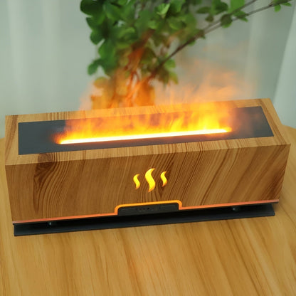 Holzoptik Luftbefeuchter mit LED-Flammen, rechteckig, modern, für Wohnräume.