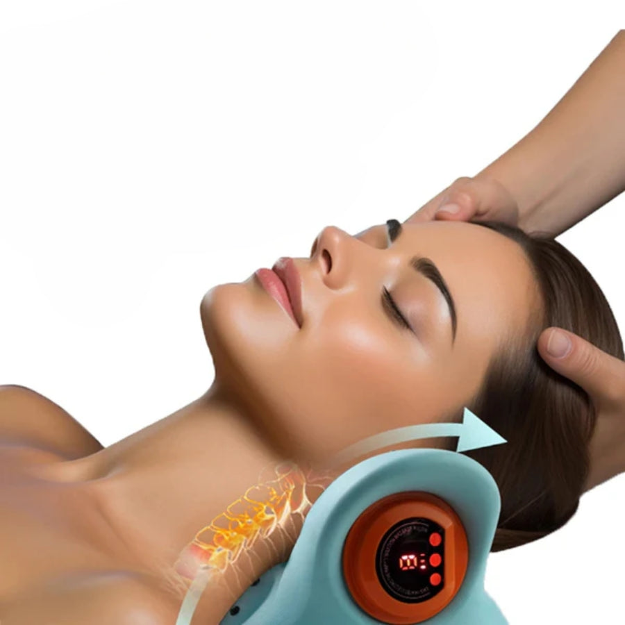 Frau mit Nackenmassagegerät, elektrisch, blau, Entspannung, Schmerzlinderung, Wellness.