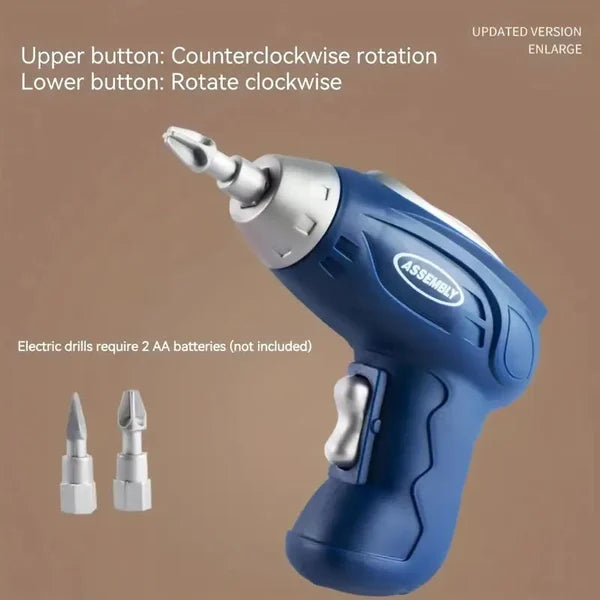 Blauer elektrischer Schraubendreher, batteriebetrieben, mit zwei Bits, ergonomisches Design.