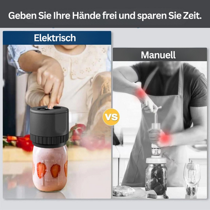 Elektrischer Vakuumierer auf Glasbehälter, Erdbeeren, Küche, Zeitersparnis, freihändig.
