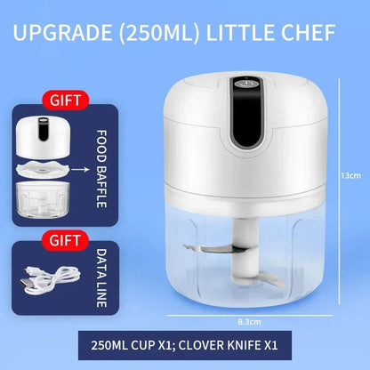 Elektrischer Zerkleinerer 250ml, weiß, kompakt, Küchenhelfer, mit Klingen und USB-Ladekabel.