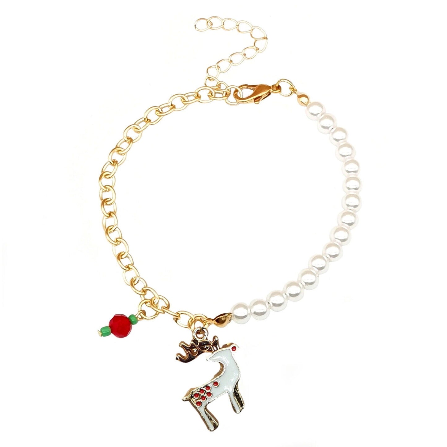 Goldenes Armband mit Perlen, Rentier- und Apfelanhänger, Modeschmuck, Damenaccessoire.