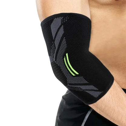 Schwarze Ellenbogenbandage mit grünem Muster, atmungsaktiv, für Sport und Unterstützung.
