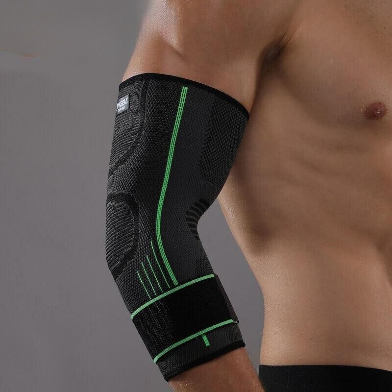 Schwarze Ellbogenbandage mit grünen Streifen, Kompressionsmanschette für Sport und Fitness.