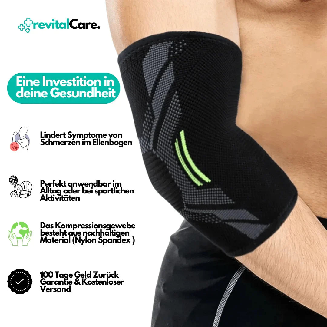 Schwarze Ellenbogenbandage, Kompressionsgewebe, Nylon Spandex, lindert Schmerzen, sportlich.