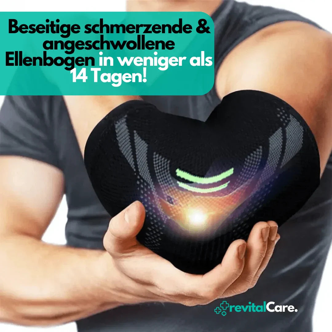 Mann mit schwarzer Ellenbogenbandage, Schmerzreduktion, Unterstützung, Sport, Gesundheit.