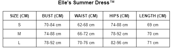 Größentabelle für Elle's Sommerkleid, Größen S bis L, Maße in cm für Brust, Taille, Hüfte, Länge.