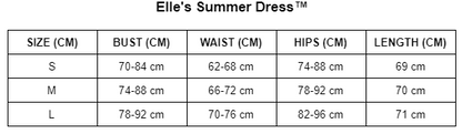 Größentabelle für Elle's Sommerkleid, Größen S bis L, Maße in cm für Brust, Taille, Hüfte, Länge.
