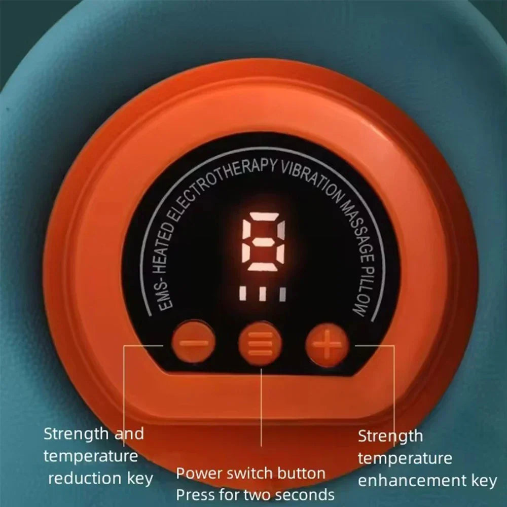 Elektrisches Massagekissen, orange, mit LED-Anzeige und Steuerungstasten für Wärme und Vibration.