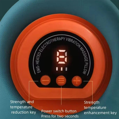 Elektrisches Massagekissen, orange, mit LED-Anzeige und Steuerungstasten für Wärme und Vibration.