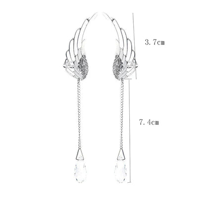 Silberne Engelsflügel-Ohrringe mit Kristalltropfen, modisch, elegant, 3,7 cm x 7,4 cm.
