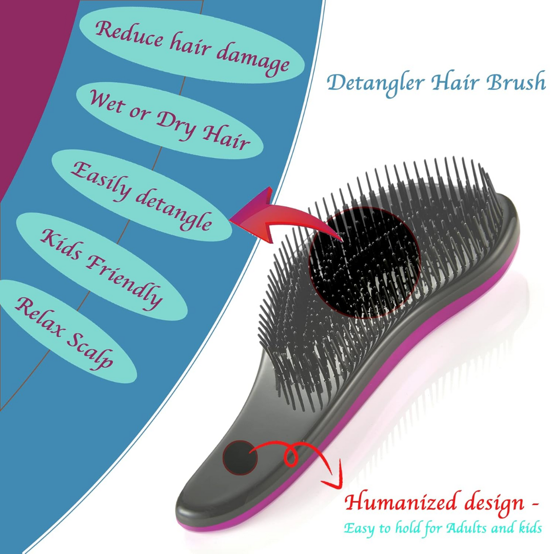Entwirrungsbürste für nasses/trockenes Haar, schwarz-pink, kinderfreundlich, reduziert Haarschäden.