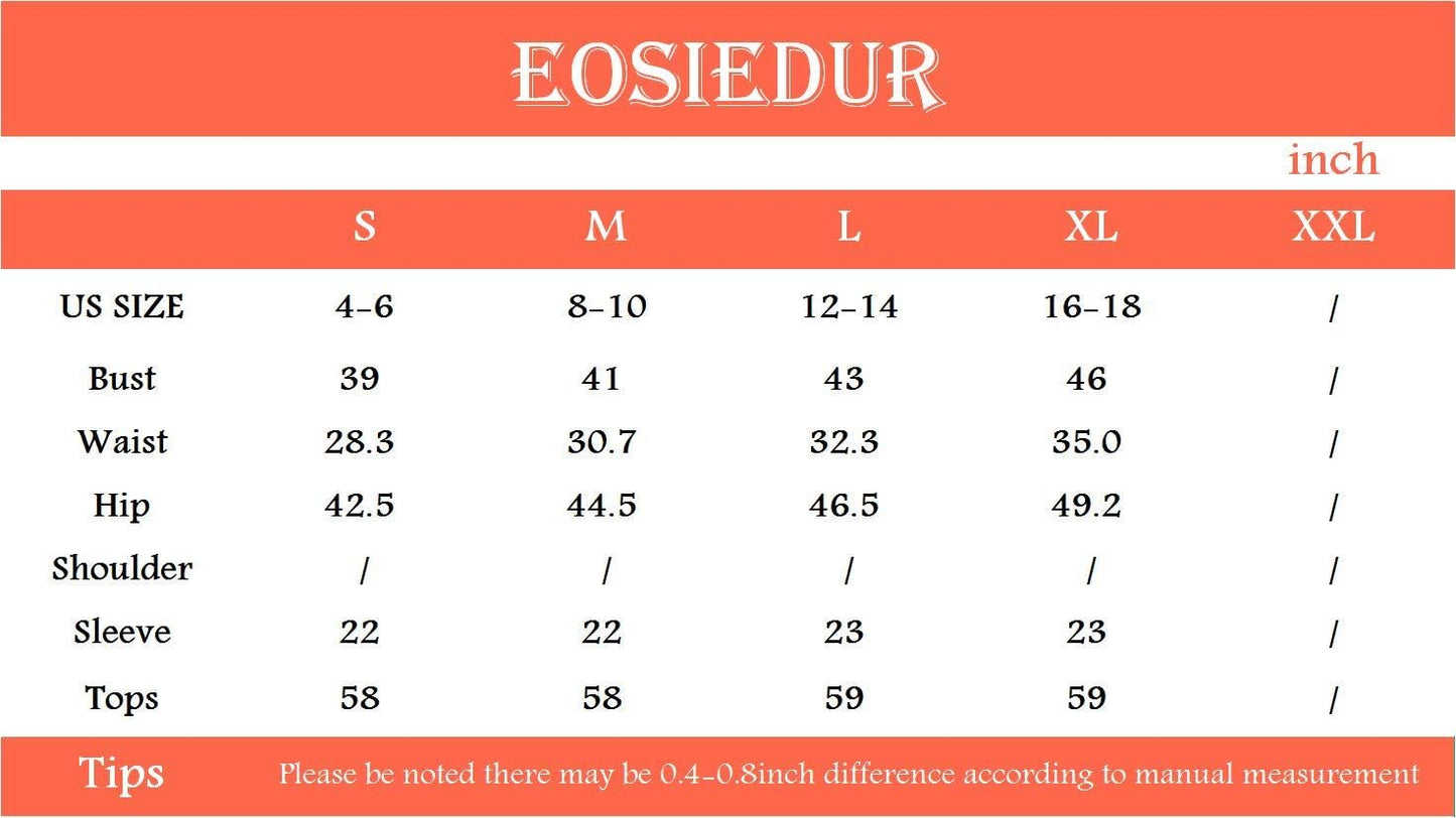 Größentabelle für Damenoberteile, EOSIEDUR, US-Größen S-XXL, Maße in Zoll.