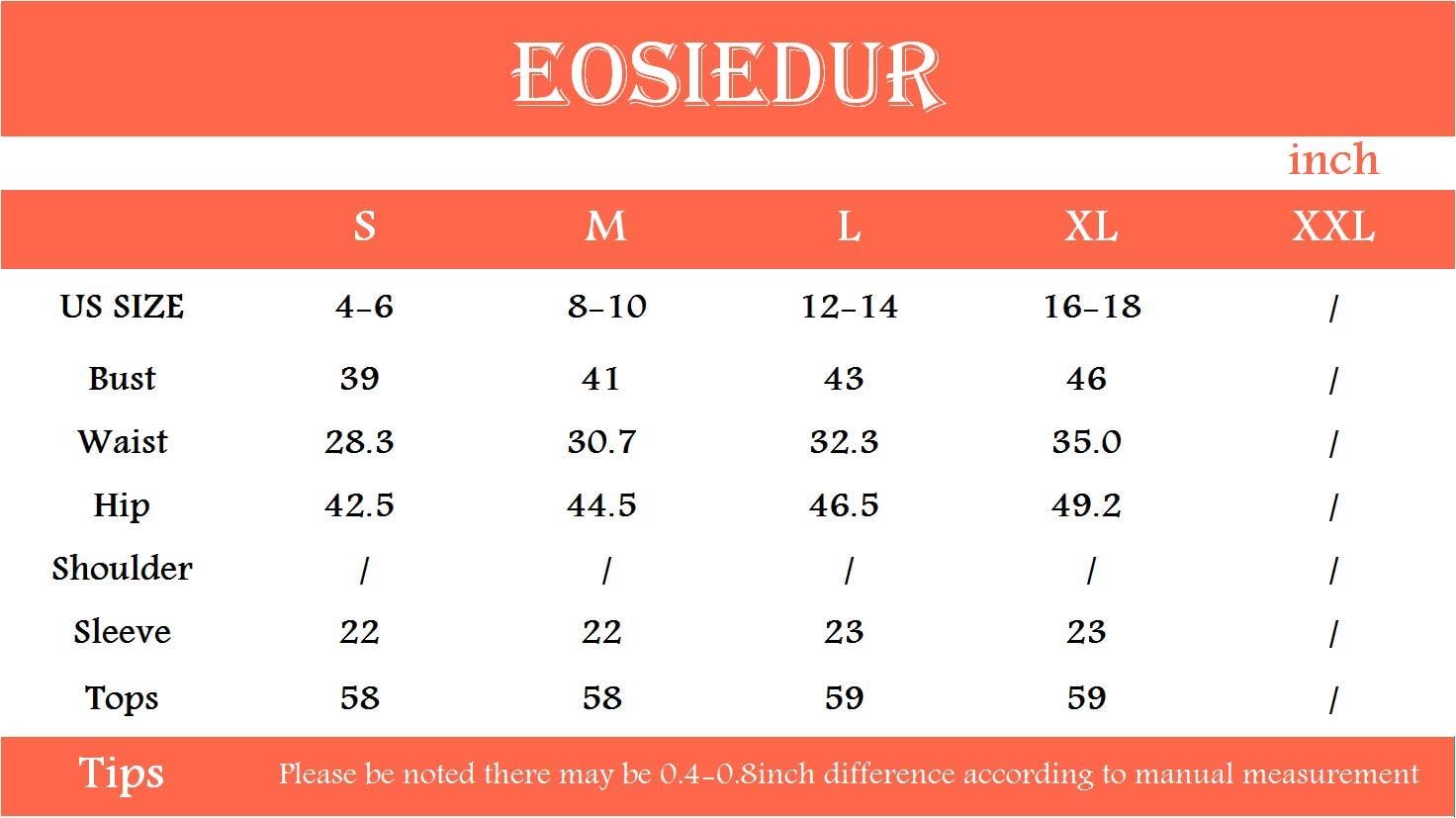 Größentabelle für Damenoberteile, EOSIEDUR, US-Größen S-XXL, Maße in Zoll.