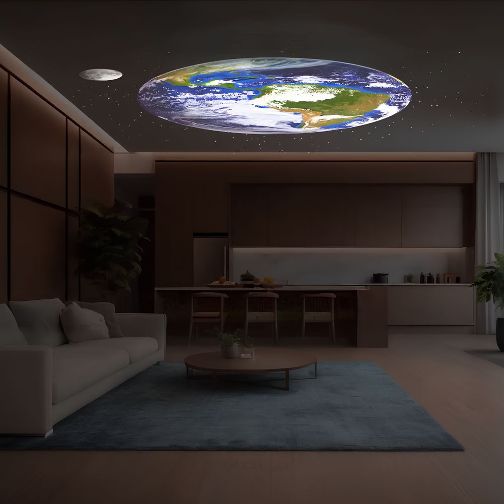 Deckenleuchte mit Weltkarten-Projektion im modernen Wohnzimmer, LED, energiesparend.