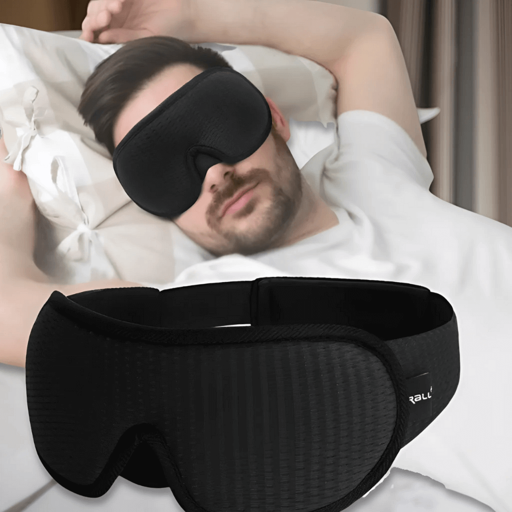 Ergonomische schwarze Schlafmaske, druckfreies Design, ideal für erholsamen Schlaf.