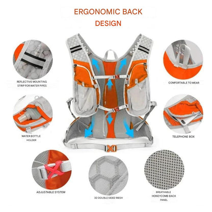 Ergonomischer orange-grauer Rucksack mit verstellbaren Gurten und reflektierenden Streifen.