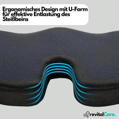 Ergonomisches U-förmiges Sitzkissen, schwarz, für Steißbein-Entlastung, atmungsaktiv.