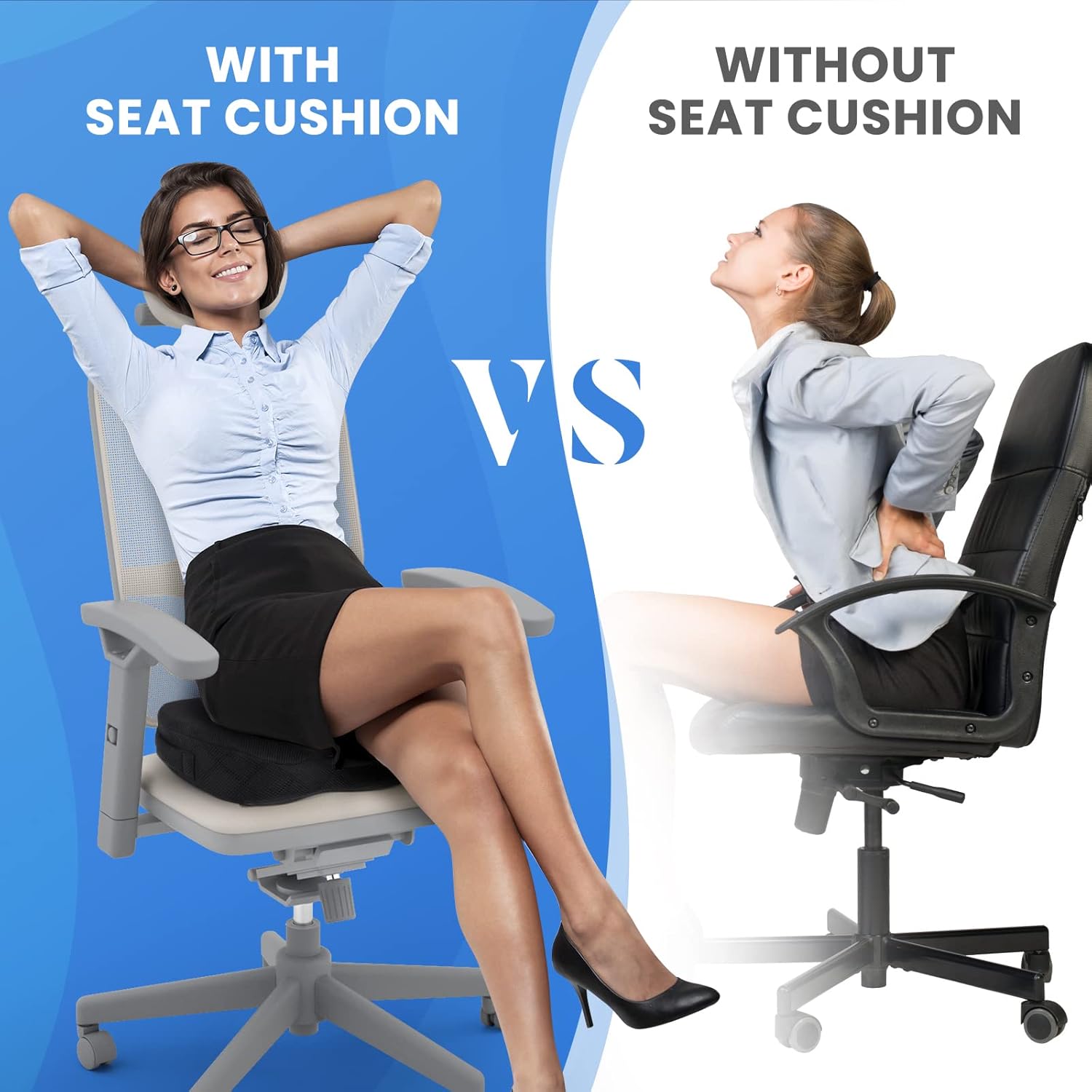 Ergonomischer Bürostuhl mit Sitzkissen, Komfortvergleich, Rückenschmerzen, Büroeinrichtung.