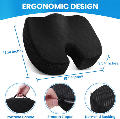 Ergonomisches Sitzkissen, schwarz, Memory-Schaum, rutschfeste Unterseite, tragbarer Griff.