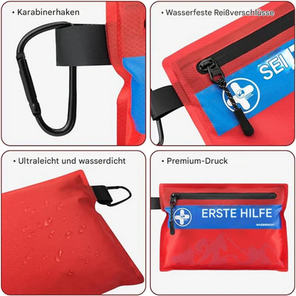Rotes Erste-Hilfe-Set, wasserdicht, mit Karabinerhaken und wasserfesten Reißverschlüssen.